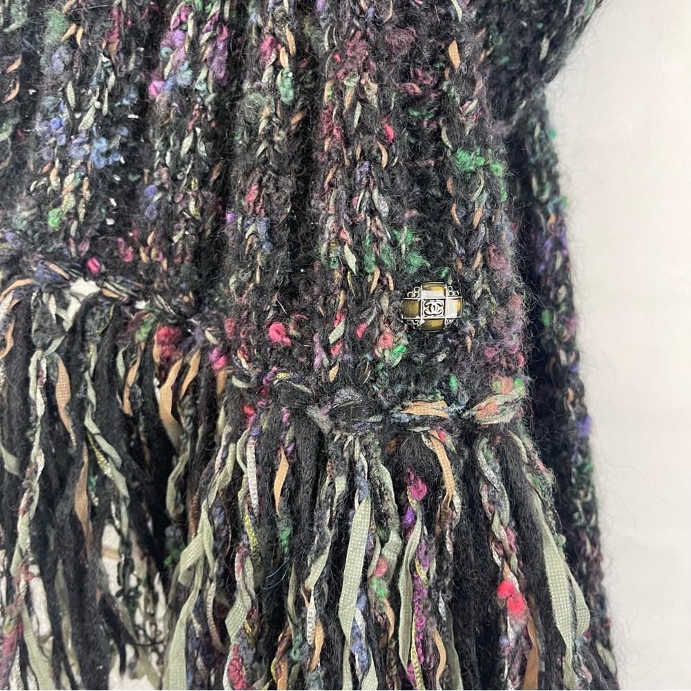 CHANEL Multicolor Mohair Wool Fringe Scarf with CC Logo Plaque (Made‎ in France) - Picture 9 of 9